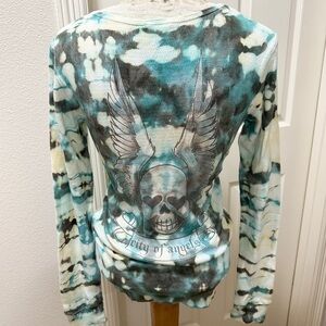 Vintage Ankh Royalty Tie-Dye Thermal Henley w/Winged Skull, “City of Angels” - L